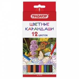 Карандаши цветные 12 цветов Пифагор "Бабочки" (L=176мм, d=3мм, 6гр) картон (181351), 24 уп.