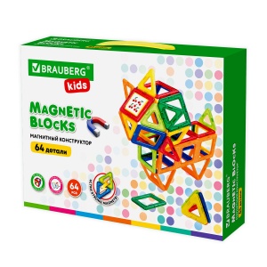 Конструктор магнитный Brauberg Kids BIG Magnetic Blocks-64, 64 детали, с колесной базой (663847)