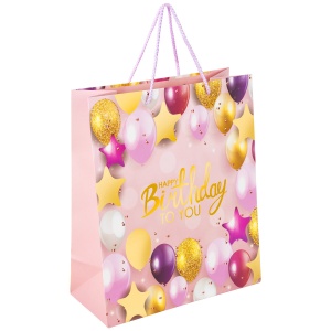 Пакет подарочный 26,5x12,7x33см Золотая Сказка "Happy Birthday", фольга, розовый, (608238), 12шт.