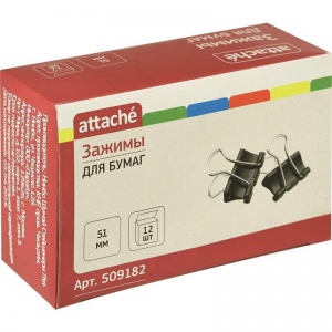 Зажимы для бумаг металлические Attache (51мм, до 240 листов, черные) 12шт., картонная упаковка