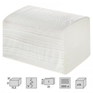 Полотенца бумажные для держателя 1-слойные, листовые V(ZZ)-сложения, 15 пачек по 200 листов