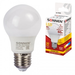 Лампа светодиодная Sonnen (7Вт, E27, грушевидная) теплый белый, 10шт. (LED A55-7W-2700-E27)