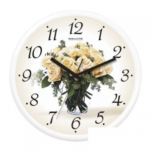Часы настенные аналоговые Салют П-2Б7-328, белый с рисунком "Букет белых роз", белая рамка, 26,5х26,5х3,8см