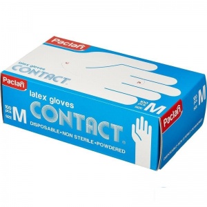 Перчатки одноразовые латексные Paclan Contact, размер М, телесный цвет, 50 пар в картон. коробке (407281/135710)