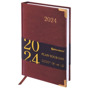 Ежедневник датированный на 2024 год А5 Brauberg "Senator", коричневый, 168 листов, кожзам, 138х213мм (114883)