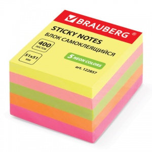 Стикеры (самоклеящийся блок) Brauberg, 51x51мм, 5 цветов неон, 400 листов (122857)