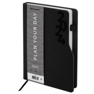 Ежедневник датированный на 2024 год А5 Brauberg "Up" софт-тач, держатель для ручки, черный, 168 листов, кожзам, 150х213мм (114909)