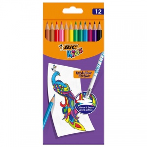 Карандаши цветные 12 цветов BIC Kids Evolution Illusion (L=180мм, D=7мм, круглые, стираемые, пластик) картон, 3 уп. (987868)