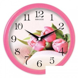 Часы настенные аналоговые Салют ПЕ-Б1.1-226, с рисунком "Тюльпаны", розовая рамка, 24,5х24,5х3,5см