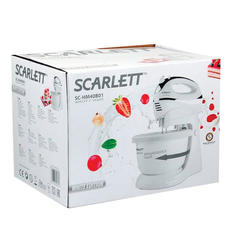 Миксер Scarlett SC-HM40B01, с чашей, белый (SC - HM40B01)
