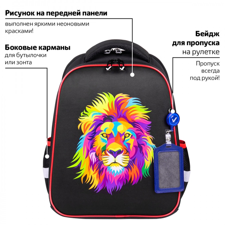 Ранец школьный Brauberg FIT, 2 отделения, &quot;Colorful lion&quot;, 38х27х14см (270618)