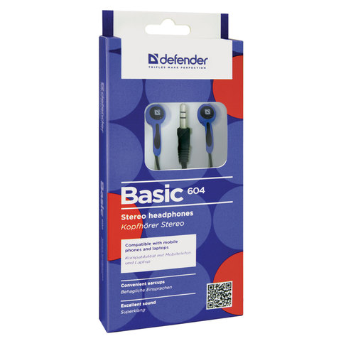 Наушники-вкладыши Defender Basic 604, проводные, 1.2м, черный с голубым (63608), 50 уп.
