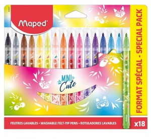 Набор фломастеров 18 цветов Maped Mini Cute (линия 2.8мм, декорированные, средний пишущий узел, смываемые) картонный футляр (845405), 12 уп.
