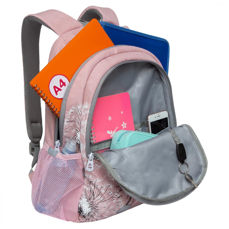 Рюкзак школьный Grizzly, 31x42x18см, 2 отделения, 3 кармана, анатомическая спинка, розовый (RD-242-1/2)