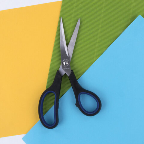 Ножницы Brauberg Soft Grip 190мм, асимметричные ручки, остроконечные, серо-зеленые (230762), 12шт.