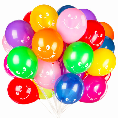 Воздушные шары Золотая Сказка, 12&quot; (30см), 10 цветов, с рисунком &quot;Смайл&quot;, пакет, 50шт. (105007), 50 уп.