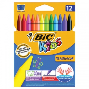 Мелки пластиковые 12 цветов BIC Plastidecor (L=120мм, D=8мм, круглые) картонная упаковка (920299/945764), 26 уп.