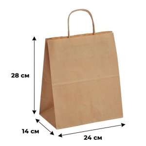 Крафт-пакет бумажный коричневый с кручеными ручками, 24x14х28см, 70 г/кв.м, био, 250шт.