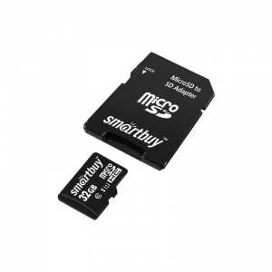 Карта памяти microSDHC SmartBuy 32Gb, Class 10, 10Мб/сек (с адаптером SD), 1шт. (SB32GBSDCL10-01)