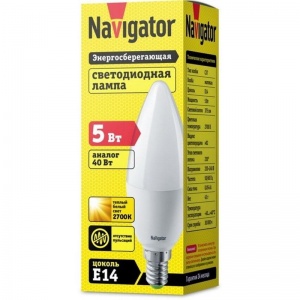 Лампа светодиодная Navigator (5Вт, Е 14 свеча) теплый белый, 1шт.