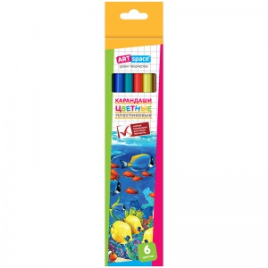 Карандаши цветные 6 цветов ArtSpace "Подводный мир" (L=175мм, D=7мм, d=2.6мм, 3гр, пластик) картонная упаковка (237345), 24 уп.
