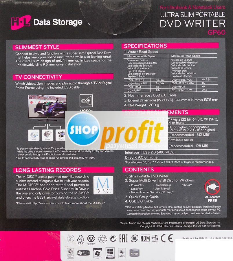 Оптический привод DVD-RW LG GP60NS60, внешний, USB, серебристый и черный, Retail (GP60NS60)