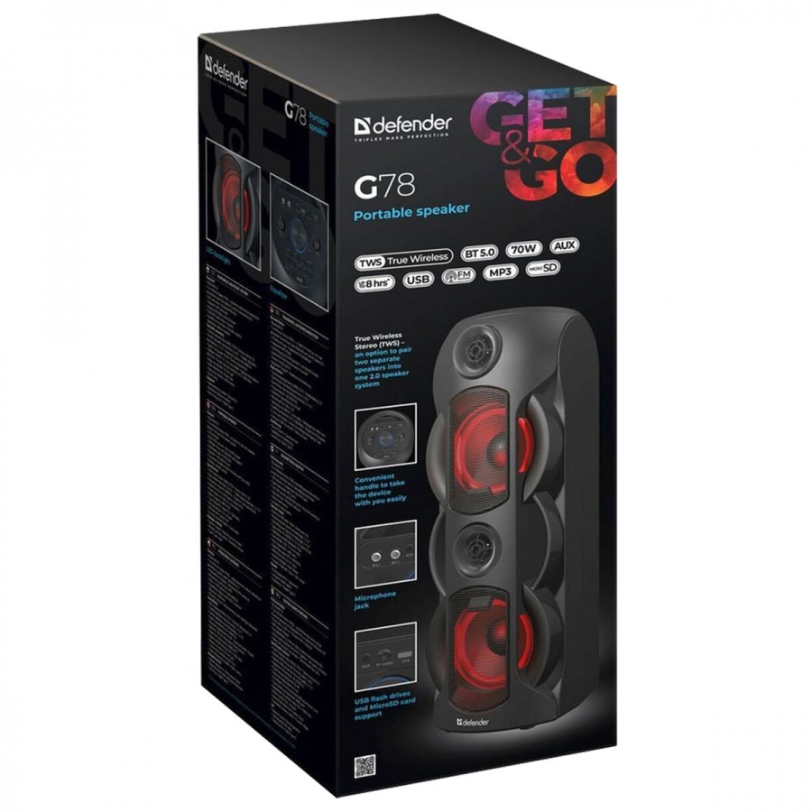 Акустическая система Defender G78, 2.0, 70Вт, Bluetooth, FM-тюнер, microSD, чёрная (65178)