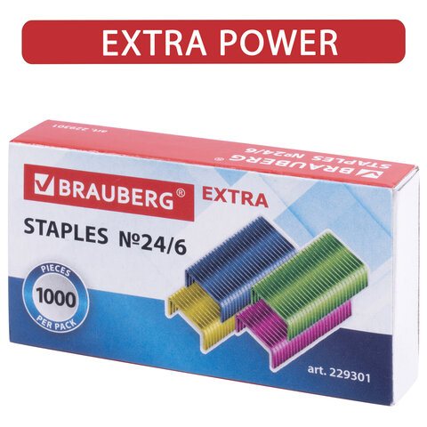 Скобы для степлеров Brauberg Extra, №24/6, цветные, 1000шт., 20 уп. (229301)