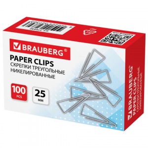Скрепки Brauberg (25мм, никелированные, треугольные) картонная упаковка, 100шт., 30 уп. (270440)
