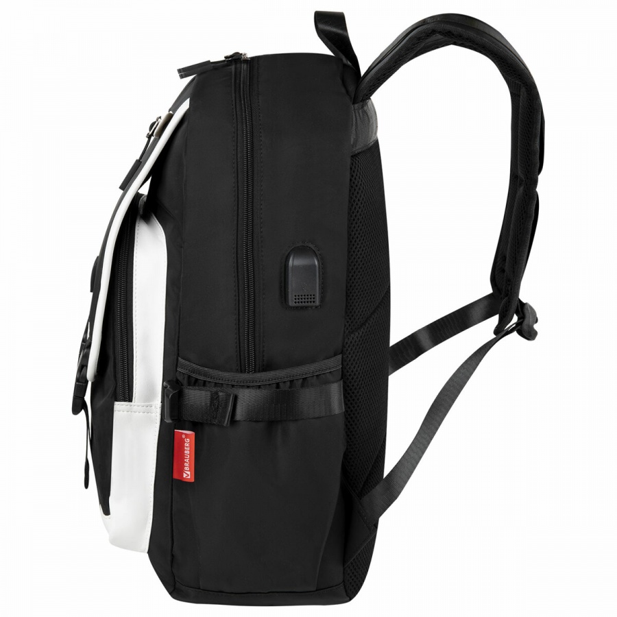 Рюкзак школьный Brauberg FUSION универсальный, USB-порт, черный с белыми вставками, 45х31х15см (271657)