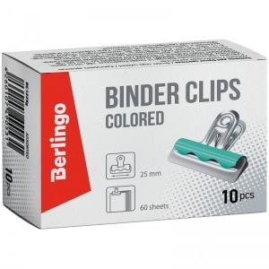 Зажимы для бумаг металлические Berlingo (25мм, до 100 листов, цветные) в картонной коробке, 10шт. (BC1225g), 20 уп.