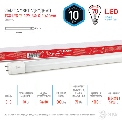 Лампа светодиодная Эра LED Eco (10Вт, G13, 600мм) холодный белый, 30шт. (ECO LED (T8-10W-840-G13-600mm)