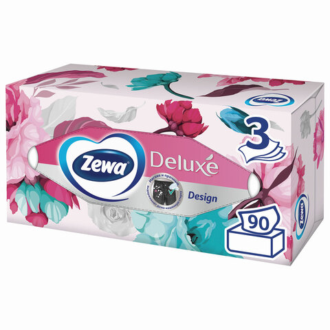 Салфетки косметические 20x20см, 3-слойные Zewa Deluxe Design, 90шт. в картонном боксе (28420)