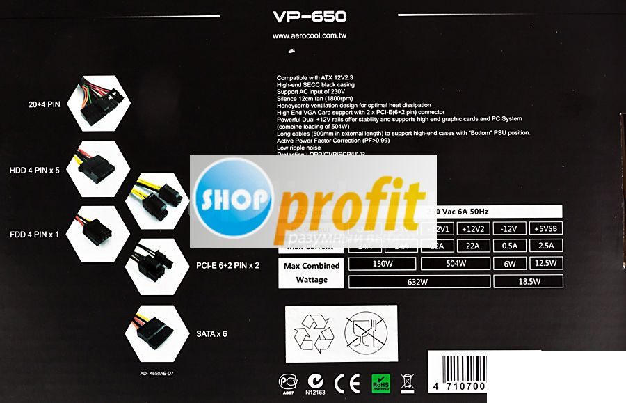 Блок питания Aerocool VP-650, 650Вт, 120мм, черный, retail (VP-650)