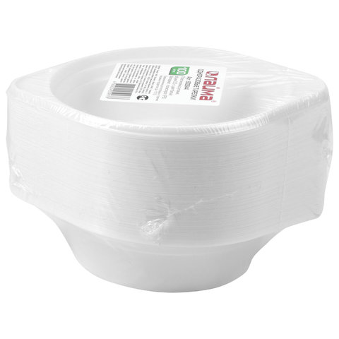 Тарелка одноразовая пластиковая Лайма Бюджет (суповая, 500мл, белая) 100шт. (600944)