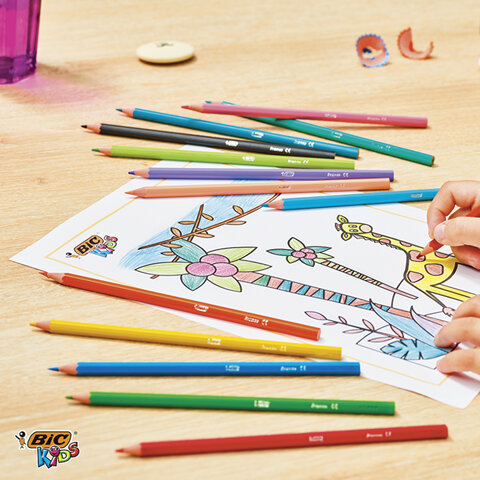 Карандаши цветные 12 цветов BIC Kids Tropicolors 2 (L=175мм, D=7мм, d=3.2мм, 6гр, пластик) картонная упаковка (832566), 12 уп.