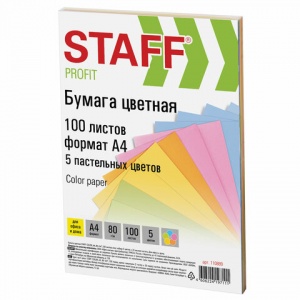 Бумага цветная А4 Staff color пастель, 5 цветов по 20 листов, 80 г/кв.м, 100 листов (110889), 10 уп.