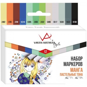 Набор маркеров художественных Vista-Artista "Style" "Манга (Пастельные тона)", 12 цветов, пулевидный/скошенный, 0.7мм/1-7мм (64157275784)