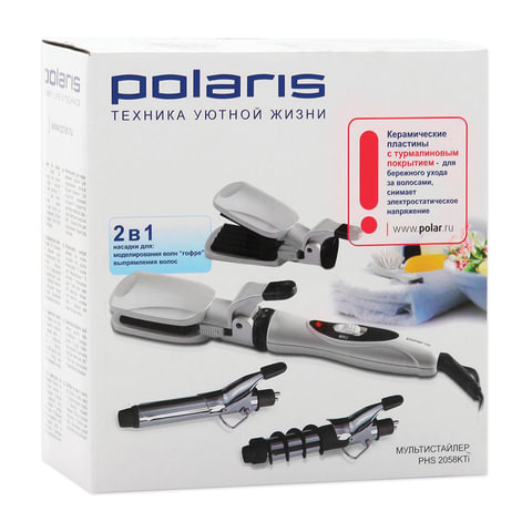 Мультистайлер для волос Polaris PHS 2058KTi, 2 режима, 3 насадки, гофре/завивка, белый