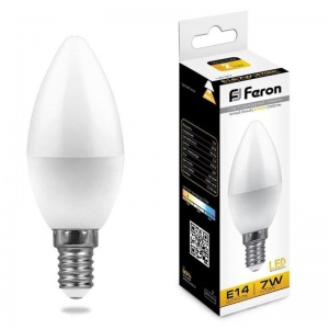 Лампа светодиодная Feron (7Вт, Е14, свеча) теплый белый, 1шт.