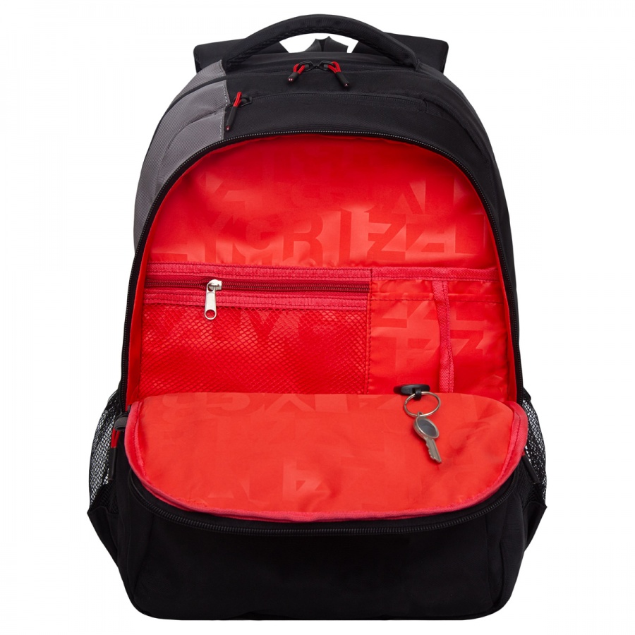 Рюкзак школьный Grizzly, 32x45x23см, 2 отделения, 4 кармана, анатомическая спинка, черный-серый (RU-330-1/1)