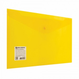 Папка-конверт на кнопке Brauberg (А4, до 100л., 180мкм, пластик, сверхпрочная) прозрачная желтая, 30шт. (270472)