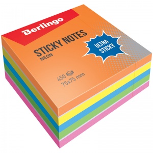Стикеры (самоклеящийся блок) Berlingo Ultra Sticky, 75x75мм, 5 цветов неон + белый, 450 листов (LSn_40202)