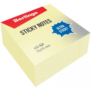 Стикеры (самоклеящийся блок) Berlingo Ultra Sticky, 75x75мм, желтый пастель, 1 блок 400 листов (LSn_40000)