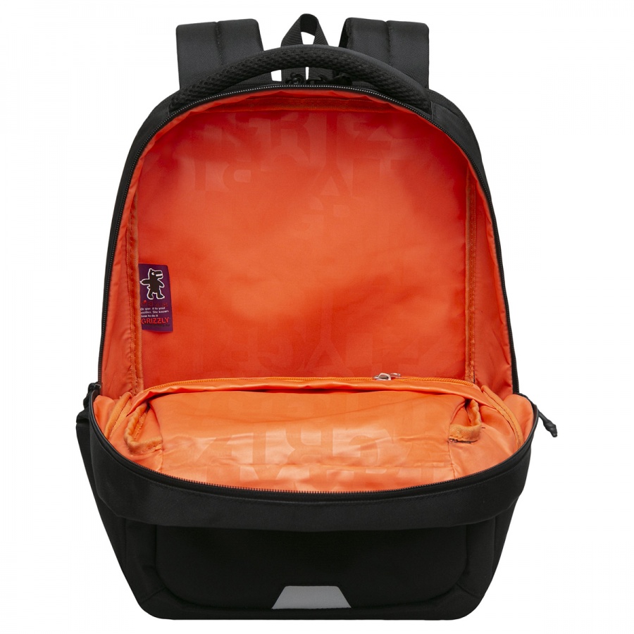 Рюкзак школьный Grizzly, 29x41,5x18см, 2 отделения, 3 кармана, анатомическая спинка, черный-оранжевый (RU-334-2/4)