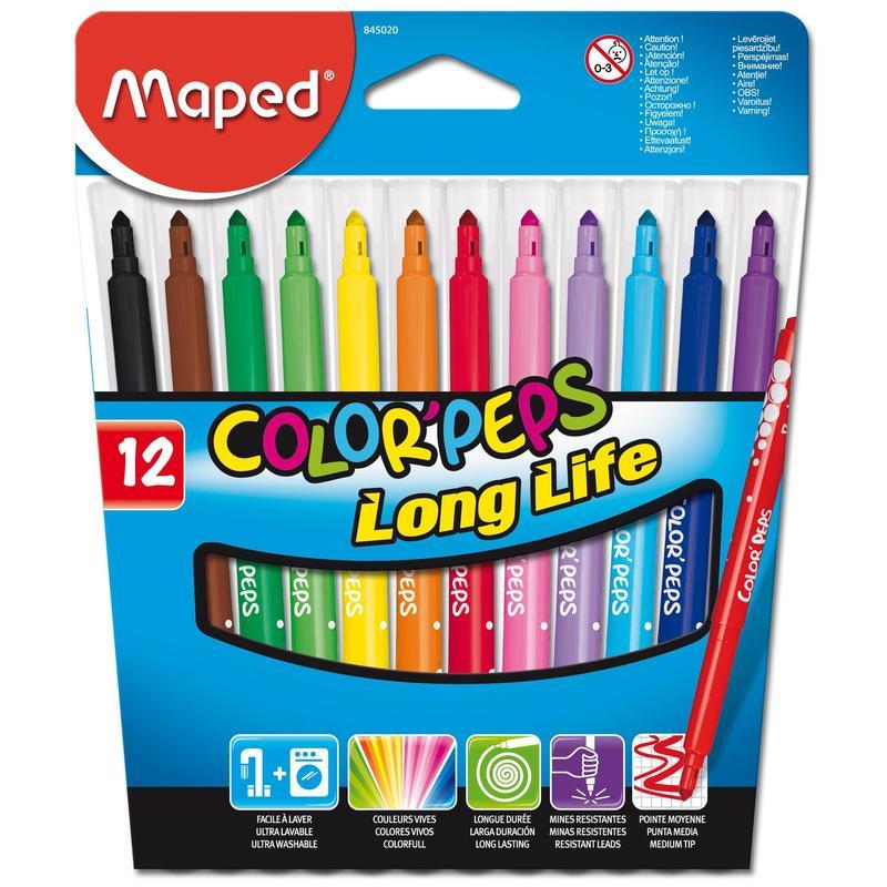 Набор фломастеров 12 цветов Maped Color'Peps Long Life (линия 3мм, смываемые, трехгранные) картонная упаковка (845020)