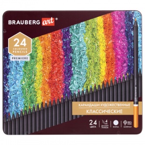 Карандаши цветные художественные 24 цвета Brauberg Art Premiere (мягкий грифель 4мм, круглые) металл