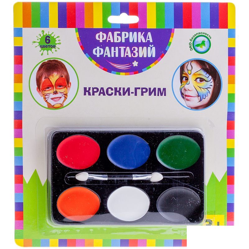 Краски для детского грима Фабрика фантазий, 6 цветов, кисть-аппликатор, блистер (57904/800-41266)