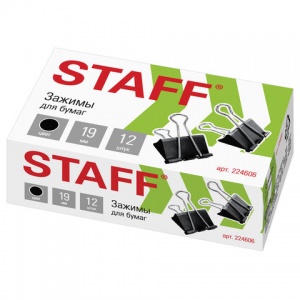 Зажимы для бумаг металлические Staff (19мм, до 60 листов, черные) в картонной коробке, 12шт. (224606)
