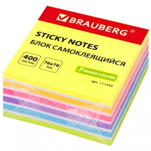 Стикеры (самоклеящийся блок) Brauberg, 76х76мм, 7 цветов неон, 400 листов, 3 уп. (111350)